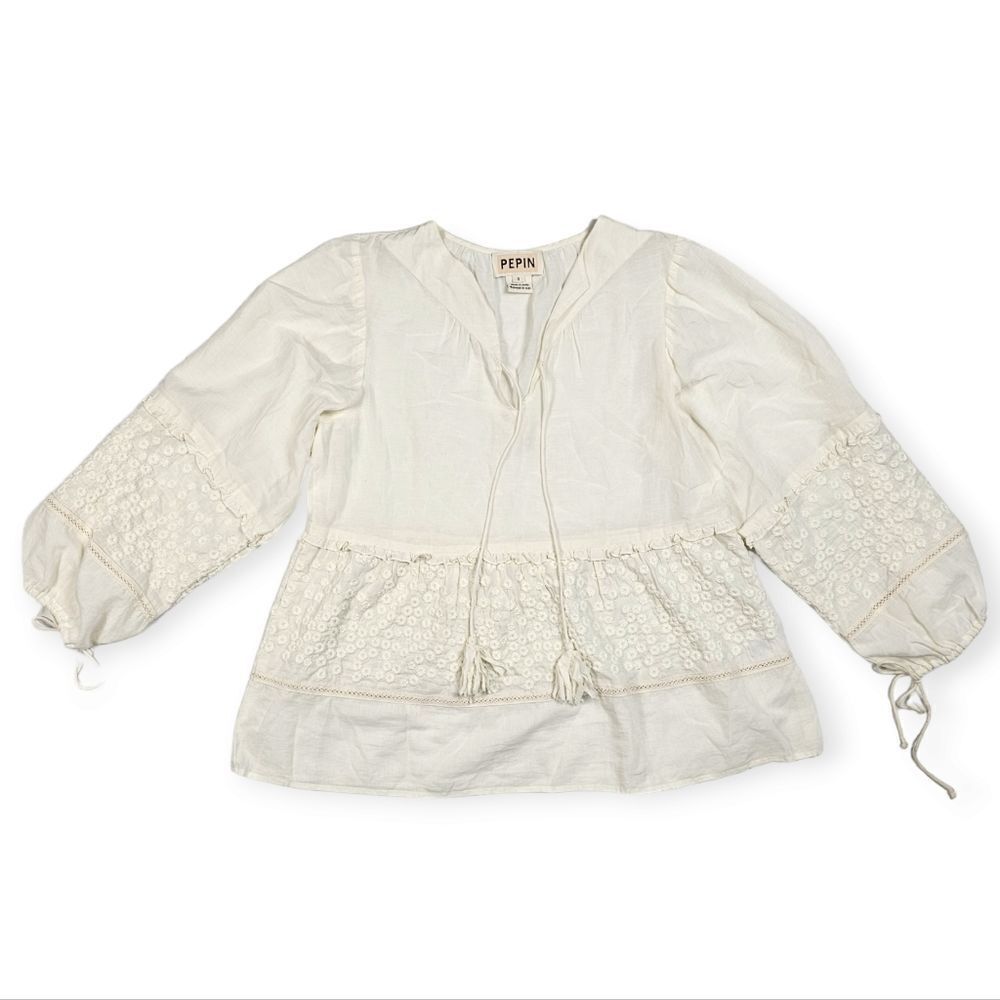 Pepin Cream Boho Cottagecore Oversized Puff Top Women's Size Small